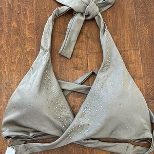 New no tag Bellissima Gray Halter Bikini Top with Swarovski Chrystal.